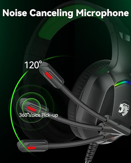Gaming Headset with Microphone for Pc, Xbox One Series X/s, Ps4, Ps5, Switch, Stereo Wired Noise Cancelling Over-Ear Headphones with Mic, RGB, for Computer, Laptop, Mac, Nintendo, Gamer (Green)