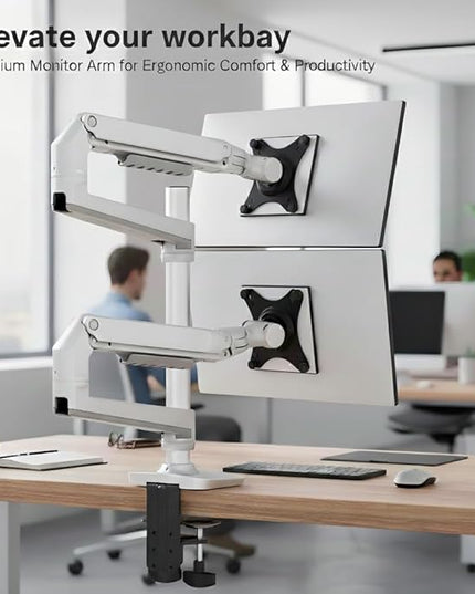 Aluminum Dual Monitor Arm, Long-Lasting Mechanical Spring Monitor Desk Mount, Height Adjustable White Monitor Stand for 2 Screens Up to 40 inch, VESA 75/100mm, C-Clamp/Grommet Base