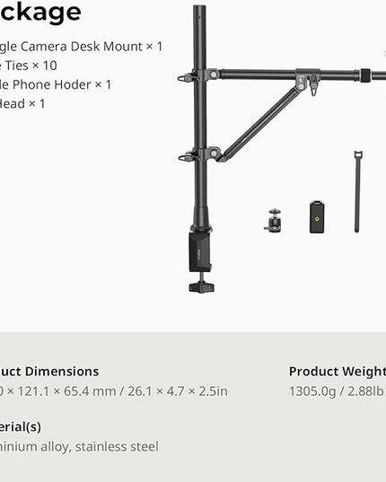 SMALLRIG Triangle Camera Desk Mount, Max. Load 3kg/ 6.6lbs, Overhead Mount with Auxiliary Support Rod, with Phone Holder and Small Ball Head for Camera/Phone/Light/Webcam