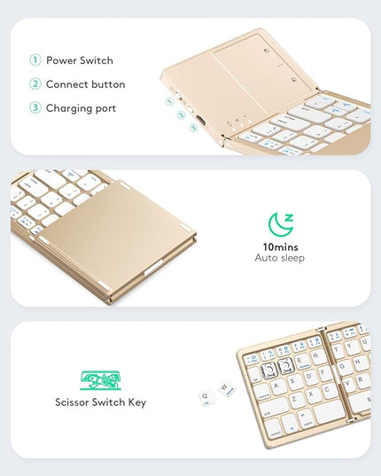 Samsers Foldable Bluetooth Keyboard with Touchpad - Portable Wireless Keyboard with Holder, Rechargeable Full Size Ultra Slim Pocket Folding Keyboards for Android Windows iOS Tablet & Laptop - Gold