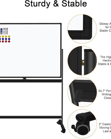 H-Qprobd 48"x36" Mobile Whiteboard Double-Sided Magnetic Dry Erase Board on Wheels - Comercial Rolling White Boards with Sturdy Stand for Home, Office & School