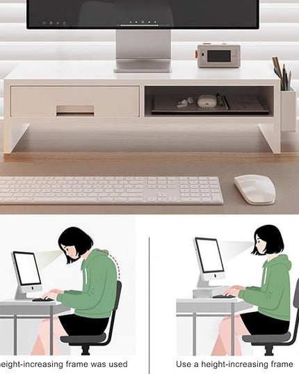 Desk Monitor Stand Riser, Double Drawer Ergonomic Organizer, Computer Desk Riser For Monitors And Accessories, Durable Wood Material, Family Friends Home Offices Indoor Study Bedroom Room Workstation