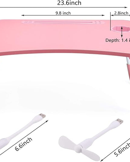 Slendor Lap Desk with Cup Holder, Foldable Laptop Table for Bed, Portable Bed Desk for Laptop and Writing, Computer Tray with Tablet Slot, Notebook Stand Reading Holder for Couch Sofa Floor,Pink