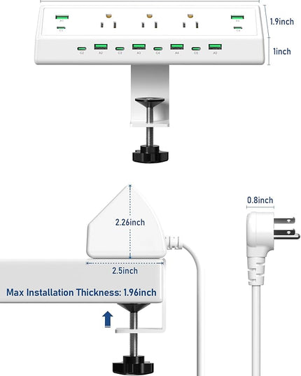 Jgstkcity 90W Desk Clamp Power Strip,12 USB Ports (6 PD 45W USB-C),Surge Protector,ETL Listed Power Hub Extension Cord,Fast Charging Station for Home Office Desk Edge Mount (White, 12 USB-90W)