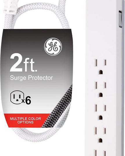 GE UltraPro 6 Outlet Surge Protector, 2 Ft Designer Braided Extension Cord, Flat Plug, Wall Mount, White, 45264