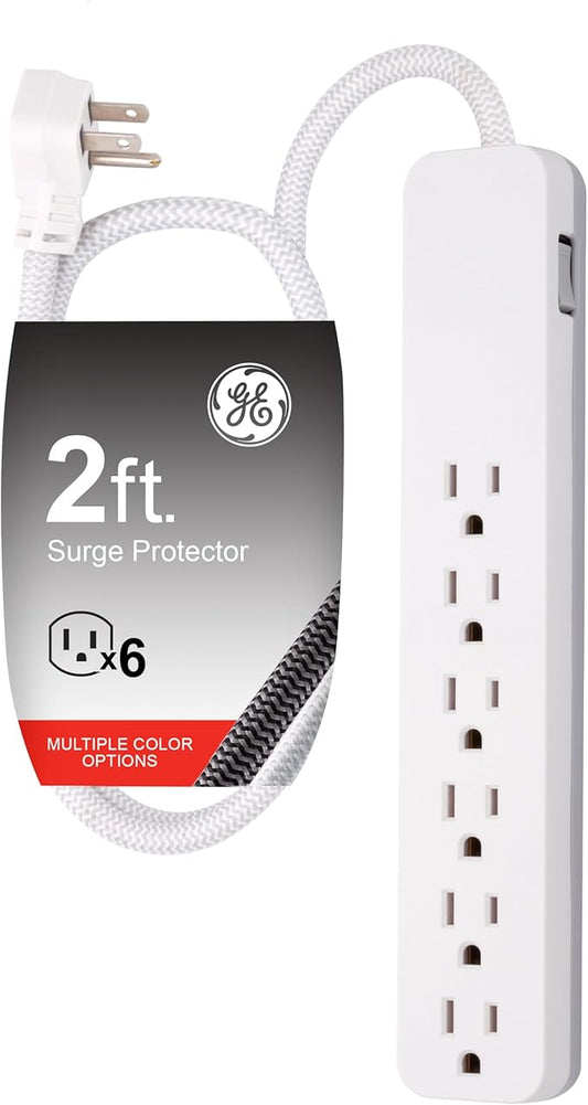 GE UltraPro 6 Outlet Surge Protector, 2 Ft Designer Braided Extension Cord, Flat Plug, Wall Mount, White, 45264