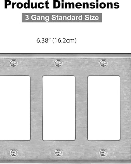 [2 Pack] BESTTEN 3-Gang Decorator Metal Wall Plate with Plastic Film, Standard Size, H4.53" x W6.38", Decor Stainless Steel Outlet Cover and Switch Wallplate, Brushed Finish, Silver
