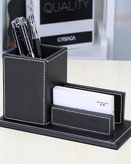 KINGFOM PU Leather Desk Organizer and Accessories, Pencil Holder for Desk with Business Cards Stand, School Office Supplies Collection Caddy Black