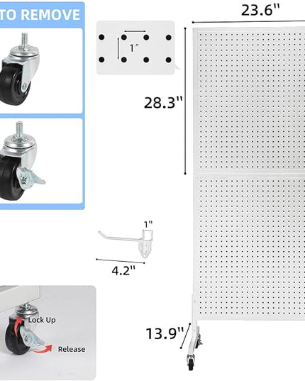 2'x 5' Standing Pegboard Display with T-Base, Pegboard Display Stand with Wheels, Metal Peg Board Display Rack, Art Display Stand, Extra 10 Pieces Hooks - White
