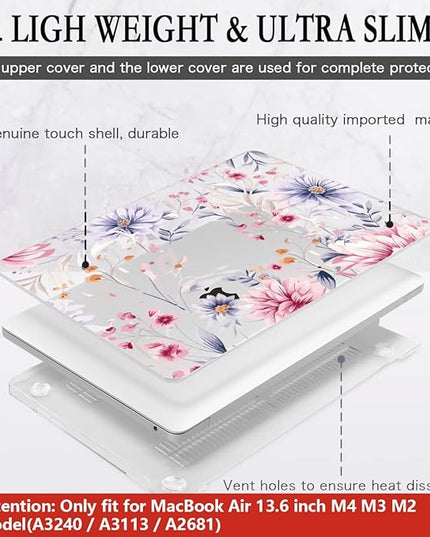 CISSOOK Flower Case for MacBook Air 13.6 Inch M4 M3 M2 Chip Model A3240 A3113 A2681, Plastic Shell Cover with Keyboard Cover Screen Protector for MacBook Air 13 2022-2025, Flowers Watercolor
