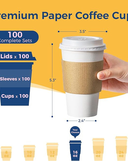 Fit Meal Prep 100 Pack 16 oz Disposable Coffee Cups with Lids, Sleeves, Leak-Proof To Go Coffee Cups with Lids, Durable Hot Paper Cups for Home, Office, Party, Business