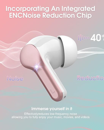 Wireless Earbuds, Bluetooth 5.4 Headphones HiFi Stereo, Bluetooth Earbuds with ENC Noise Cancelling Mic, IP7 Waterproof in Ear Earphones, 48H, LED Display Ear buds for Pad Workout Sports, Rose Gold
