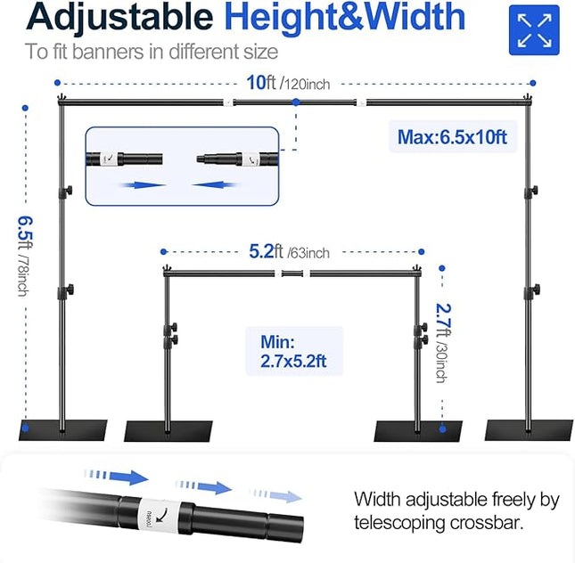 EMART Backdrop Stand, 6.5x10 ft Adjustable Photo Background Pipe and Drape Photography Kit with Heavy Duty Metal Flat Base for Parties, Wedding, Video Studio, Birthday - Black