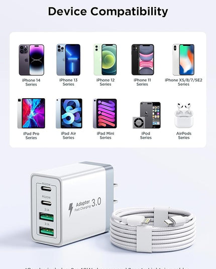 2 Pack USB C Wall Charger, 40W 4-Port USB C Fast Charger Block Dual Port QC+PD 3.0 Power Adapter, Multiport Type C Brick Charger with Lightning Cable for iPhone 14 13 12 11 Pro Max XS XR X 8 7 6 Plus