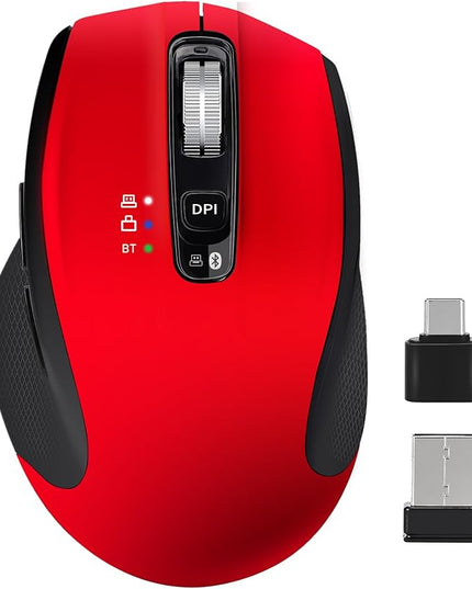 Wireless Bluetooth Mouse with USB A, USB C Receiver, Rechargeable, Multi Device Mouse, Silent, Ergonomic, Full Size, Portable, for iPad/MacBook/PC/Computer/Laptop-Red