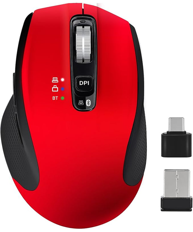 Wireless Bluetooth Mouse with USB A, USB C Receiver, Rechargeable, Multi Device Mouse, Silent, Ergonomic, Full Size, Portable, for iPad/MacBook/PC/Computer/Laptop-Red