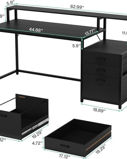 Tribesigns 63 Inch Computer Desk with File Drawer Cabinet, Ergonomic Office Desk with Monitor Stand, Industrial Computer Table with Printer Space, Wood PC Table Workstation Desks for Home Office