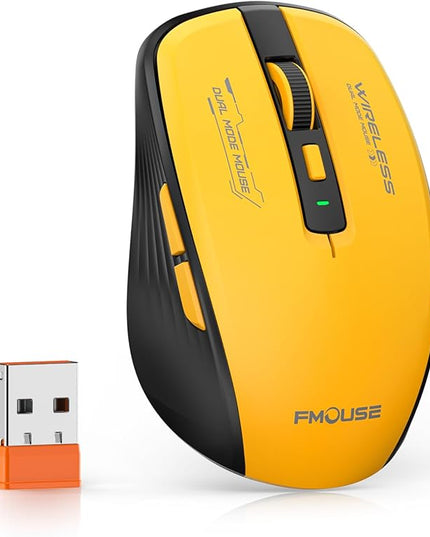 Wireless Mouse (Bluetooth & 2.4GHz USB) with Forward/Backward Side Keys, Silent Click, Ergonomic Portable AA Battery Mice for Laptop/Mac/iPad - Office & Travel Use, Yellow & Black