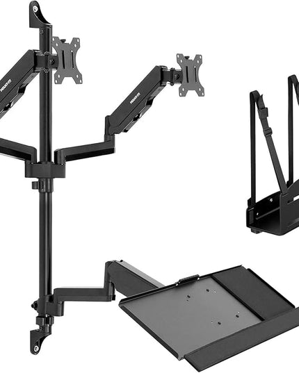 Mount-It! Wall Mount Workstation with Dual Monitor Mount, Keyboard Tray and CPU Holder, Height Adjustable Full Motion Arms, Fits Two 32 Inch Computer Screens