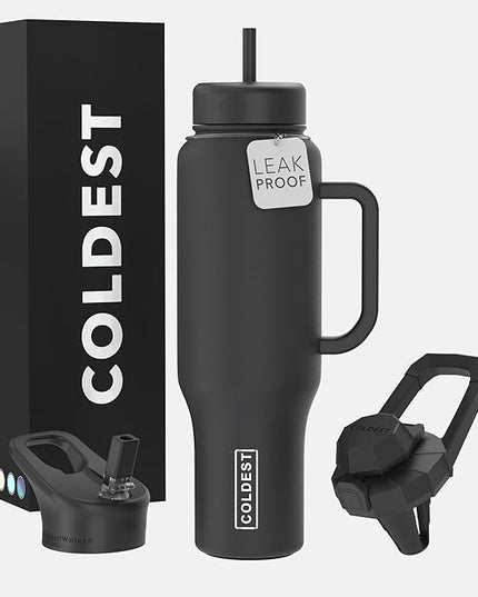 Coldest Tumbler with Handle and Straw - 100% Leak Proof Insulated Tumbler with Lid and Straw (3 Lids) - Stainless Steel Tumblers for Women & Men - Cup Holder Friendly Base, 46 oz (Stealth Black)