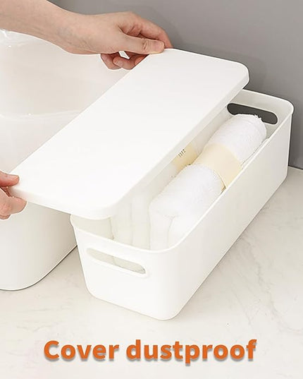 Plastic Storage Baskets With Lid Organizing Container Lidded Knit White Storage Organizer Bins for Shelves Drawers Desktop Playroom Classroom Office (8XS)