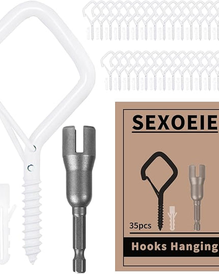 Sexoeie 35PCS Eye Screw Hooks for Hanging Heavy Duty with Safety Buckle.Metal Ceiling Hooks for Hanging Plants,Cup,Wind Chime,Bird Feeders,String Lights at Indoor&Outdoor,2.36 Inches White