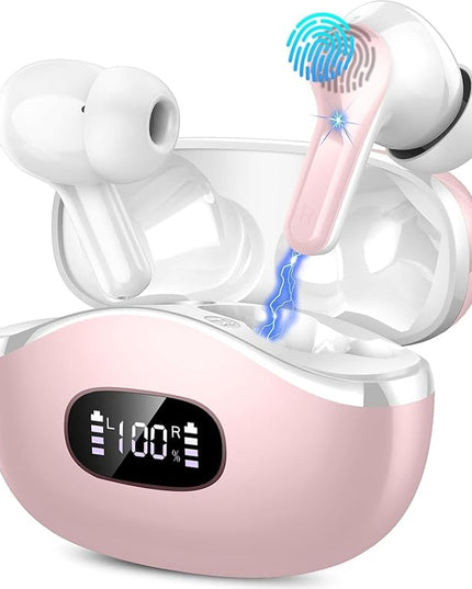 Wireless Earbuds, Bluetooth Headphones 5.4 HiFi Stereo Ear buds with ENC Noise Cancelling Mic, 40H Bluetooth Earbuds with Dual LED Display Charging Case, IP7 Waterproof Earphones for Android iOS, Pink