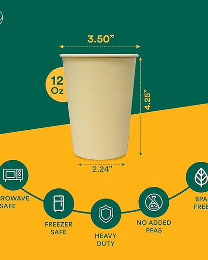 ECO SOUL 100 Pack 12 oz Disposable Coffee Cups Eco-Friendly, Biodegradable, Compostable, Leak-free & Sturdy To Go Hot Drink Travel Bagasse Cup for Tea, Chocolate, Party, Picnic & Cafe, Office & Home
