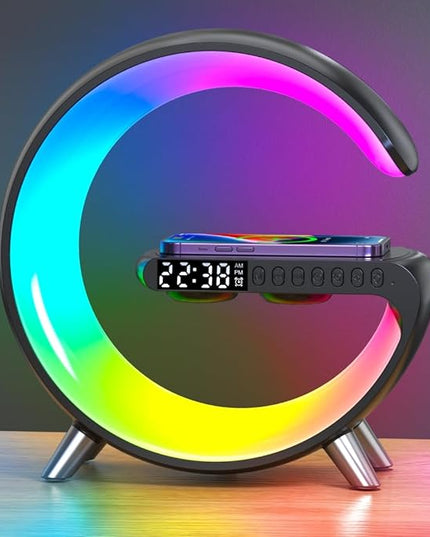 4-in-1 Wireless Charger Smart Atmosphere Lamp, Bluetooth Speaker, LED Dimmable Night Light Ambience Table Lamp, Alarm Clock, App Control, Room Decor (Black, APP Ctrl)