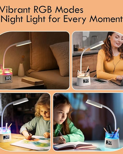 WILIT LED Desk Lamps for Home Office with Pen Holder, Table Lamp for Bedroom with USB Charging Port & Clock, RGB Night Light, Study Lamp for Kids Student, Desk Lamp for College Dorm Room Essentials