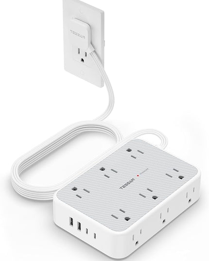 TESSAN 15 ft Extension Cord Surge Protector Power Strip, 12 Outlet Extender with 4 USB (2 USB C), 1800 Joules Protection, Flat Plug, Flat Extension Cord with Multiple Outlets, for Home, Office, Dorm