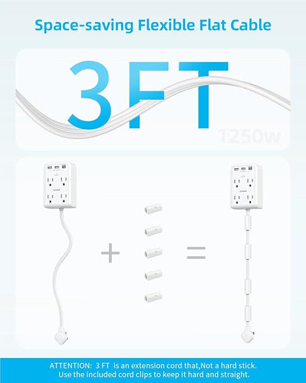Short Power Strip 3FT - Outlet Extender Stick with 4AC Outlet and 3 USB Ports(1 Type C), Flat Wall Extension Cord with Multiple Outlets Small Surge Protector for Home Office Dorm, White
