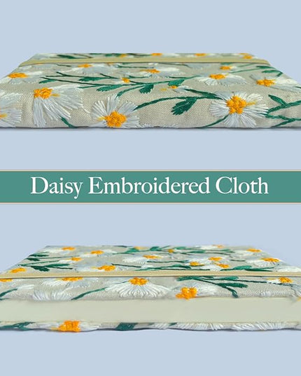 Daisy Gifts, Embroidered Journal, Floral Notebook, A5, 8"x6", Lined, Wide Ruled Paper, Hardcover, Lay Flat, Pretty Journal for Women, Personal Journal, White Daisy Flowers, with Elastic Band