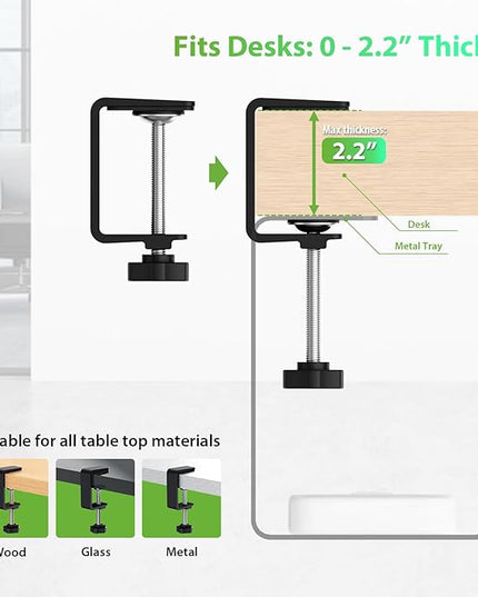 KEEGH 16" Under Desk Cable Management Tray, 2 Pack Desk Cord Organizer Upgrade Capacity, Drill Free Clamp/Screw Mount, Sturdy Metal Tray for Connect Cables, Home, Office, Black