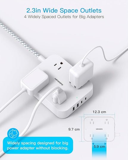 Flat Extension Cord 3 Ft, HANYCONY Power Strip with 4 USB Ports(2 USB C), 4 Widely Outlets Extender, Wall Mount, Desk Charging Station for Office, Travel and Dorm Room Essentials, ETL Listed
