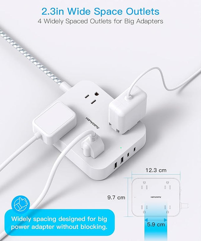 Flat Plug Extension Cord, HANYCONY 5ft Power Strip with 4 USB Ports(2 USB C), 4 Widely Outlets Extender, Wall Mount, Desk Charging Station for Office School Travel Dorm Room Essentials, ETL Listed
