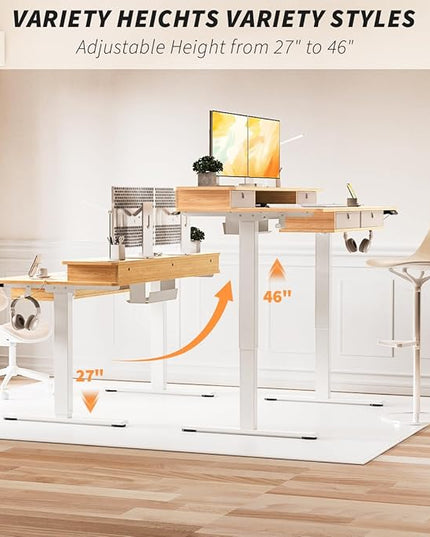 Kingant Standing Desk with Drawers & USB Charging Port, 55" x 30" Height Adjustable Home Office & Gaming Desk, Sit Stand Desk with Built-in Storage Shelf, Hook & Ergonomic Design(Maple)
