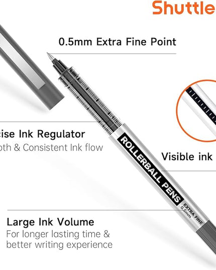 Shuttle Art Rollerball Pens, 10 Pack(8 black 1 blue 1 red) Liquid Ink Pens, 0.5mm Extra Fine Point, Quick Drying for Writing Journaling Taking Notes School Office