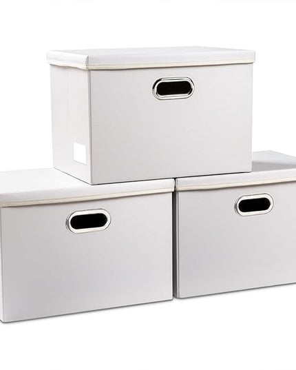 PRANDOM Large Stackable Storage Bins with Lids [3-Pack] Leather Fabric Foldable Storage Boxes Organizer Containers Baskets Cube with Cover for Bedroom Closet Office Nursery White (17.7x11.8x11.8)
