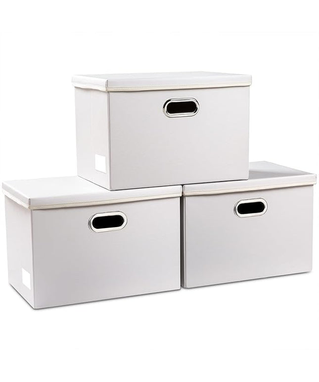PRANDOM Large Stackable Storage Bins with Lids [3-Pack] Leather Fabric Foldable Storage Boxes Organizer Containers Baskets Cube with Cover for Bedroom Closet Office Nursery White (17.7x11.8x11.8)