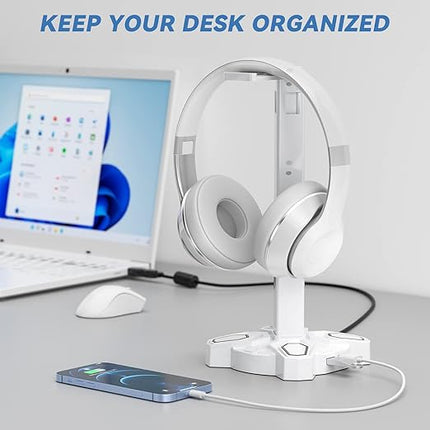 KDD Gaming Headphones Stand, Rotatable Headset Stand with Light Modes - Controller Holder with 2 USB Charging Ports and 3.5mm - Earphone Hanger Accessories for Desktop Gamer(White)