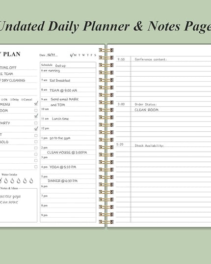 Daily Planner Undated - B5 To Do List Notebook Hourly Schedules, Spiral Appointment Planner for Women and Men, PVC Hardcover, Inner Pocket, Elastic Closure, 7" x 10", Green