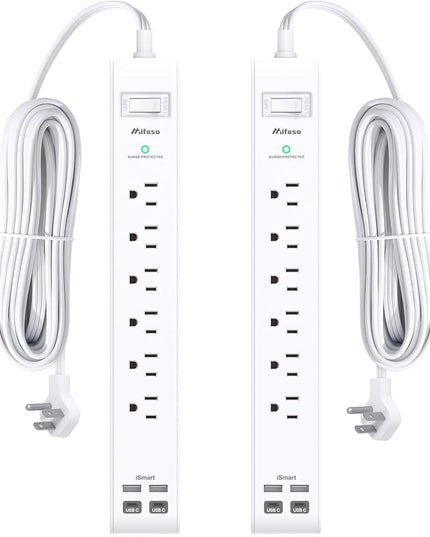 2 Pack Power Strip Surge Protector, Flat Plug Extension Cord with 4 USB Ports(2 USB-C) 6 AC Outlets, USB Charging Station, Wall Mountable for Home, Office, Dorm Essentials, 1080J, ETL Listed