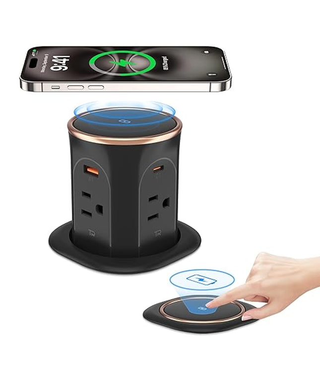 ANNQUAN Motorized Pop Up Countertop Receptacle with 15W Wireless Charger,Max 20W Power Delivery,3.15" Automatic Pop Up Electrical Outlet with 4 Outlets 4 USB Ports for Home Office Kitchen
