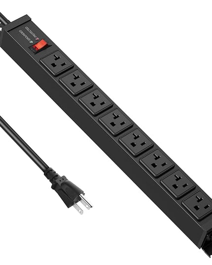 JUNNUJ 20 Amp Power Strip Surge Protector 4800J, Heavy Duty 8 Outlet Metal Multi Angle Mount, 20A Garage Power Strip Shop 6-20R T-Slot, 5-15P Plug 12 Gauge Extension Cord 15ft for Appliance