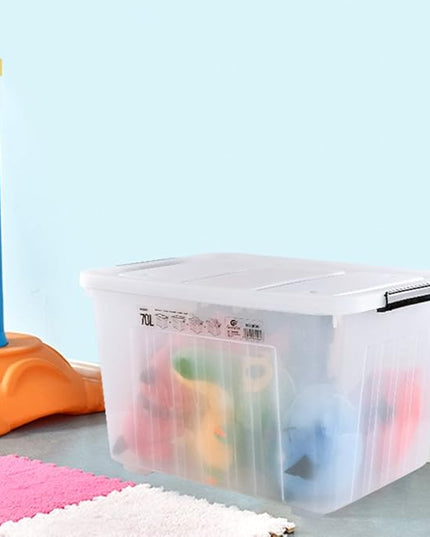 4-Pack 70 L Large Clear Storage Boxes, Plastic Latching Boxes with Wheeles