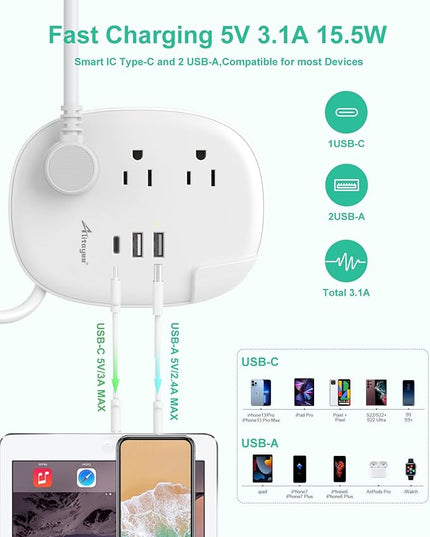 Alitayee USB C Travel Power Strip,Portable Power Strip with 3 Outlets 3 USB Ports Fast Charge, USB Extension Cord with Flat Plug and 4ft Wrapped Around Extension Cord for Cruise Travel Home Office