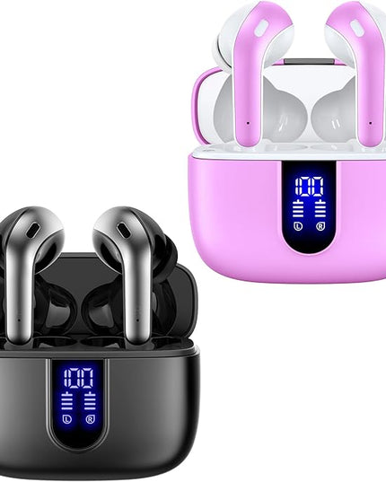 TAGRY 2 Sets X08 Sunset Pink and Black Bluetooth Headphones True Wireless Earbuds 60H Playback Ear Buds with Wireless Charging Case in-Ear Earbuds with Mic