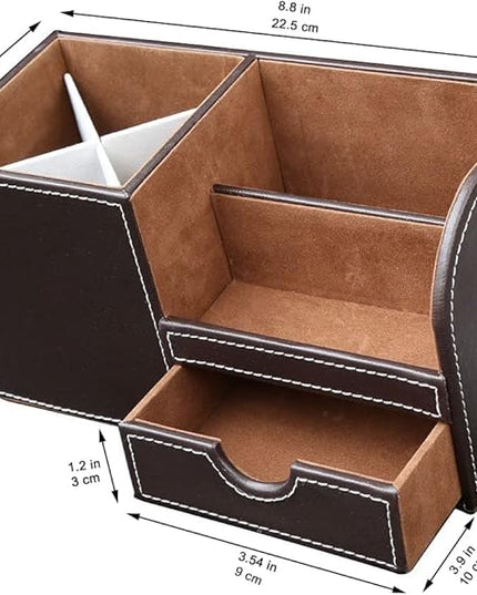 KINGFOM Desk Organizer Office Supplies Caddy Pu Leather Multi-function Storage Box Pen/Pencil,Cell phone, Business Name Cards Remote Control Holder with Small Drawer Brown