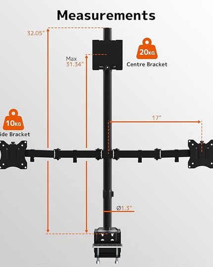 PUTORSEN Triple Monitor Mount for Up to 49" Ultrawide and 32" Monitors per Side Arm, Extra Tall 3 Monitor Desk Mount Holds up to 44 lbs, VESA 75/100 mm